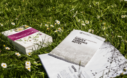 A guide book and survey notes sitting on daisy covered grass