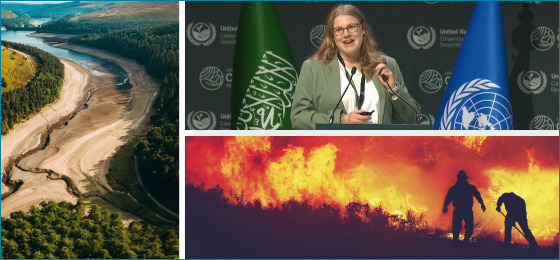 Three images: Drying stretch of Haweswater reservoir on left; top right image of Lucy Barker speaking at UN event; bottom right photo of two firefighters in front of a blaze